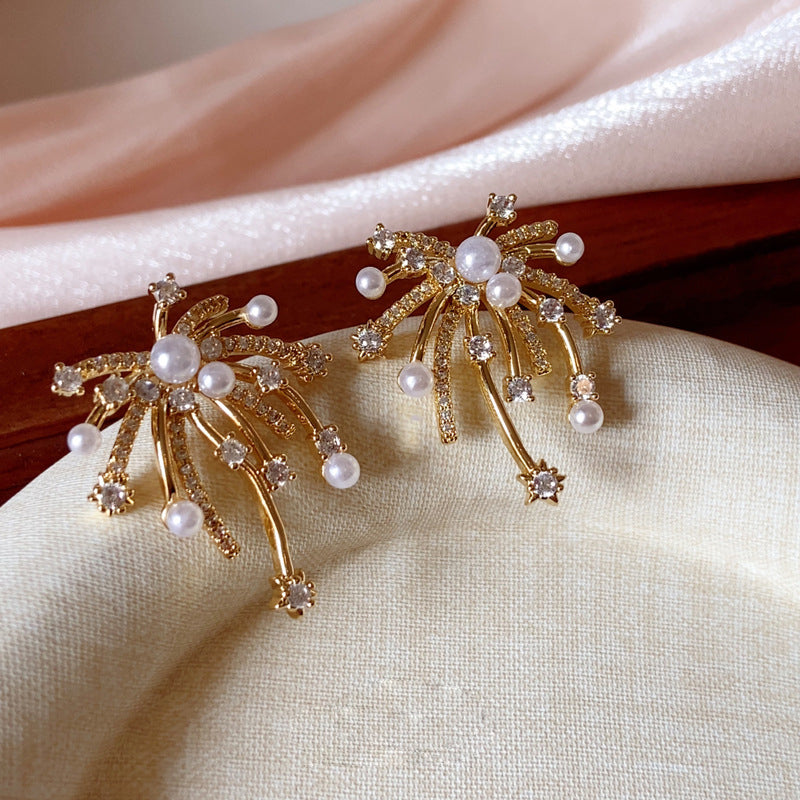 Luxury Gold-Plated Firework Zircon Faux Pearl Earrings