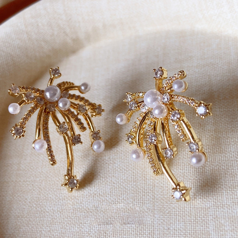 Luxury Gold-Plated Firework Zircon Faux Pearl Earrings