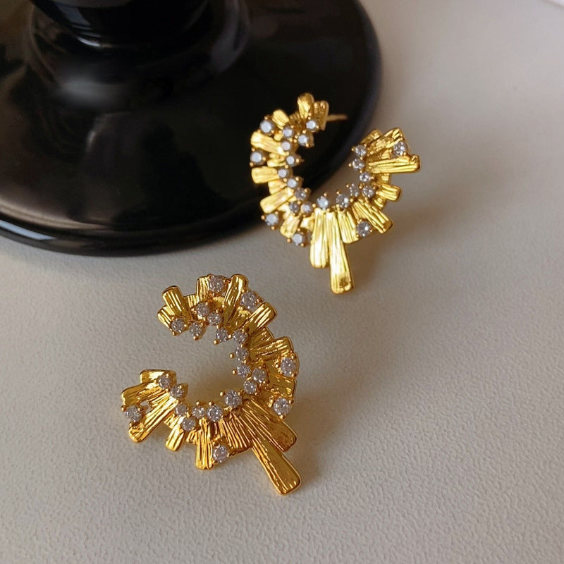 Vintage-Luxury Gold-Plated 925 Sterling Silver C-Shaped Multi-Zircon Earrings