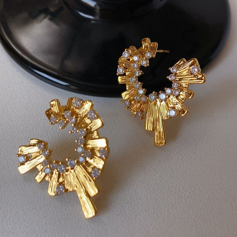 Vintage-Luxury Gold-Plated 925 Sterling Silver C-Shaped Multi-Zircon Earrings