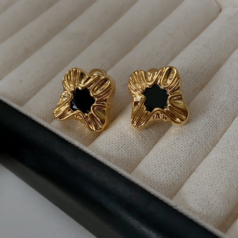Vintage Luxury Gold-Plated Four-Petal Flower Black Gemstone Earrings