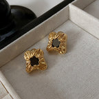 Vintage Luxury Gold-Plated Four-Petal Flower Black Gemstone Earrings