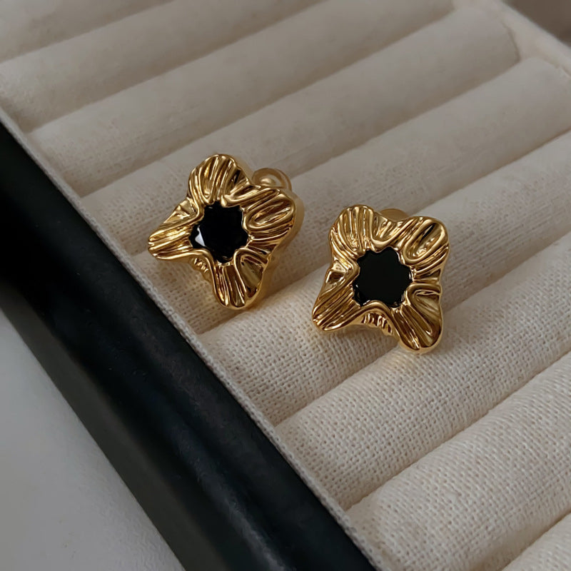 Vintage Luxury Gold-Plated Four-Petal Flower Black Gemstone Earrings