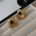Vintage Luxury Gold-Plated Four-Petal Flower Black Gemstone Earrings