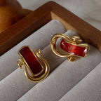 Vintage Light Luxury Gold-Plated Horseshoe Buckle Red Enamel Earrings