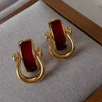 Vintage Light Luxury Gold-Plated Horseshoe Buckle Red Enamel Earrings