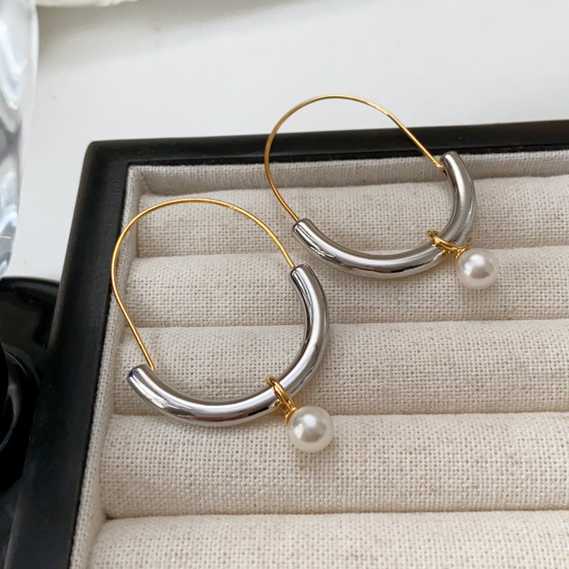 Minimalist Gold-Plated Platinum-Plated Half-Open Hoop Faux Pearl Earrings