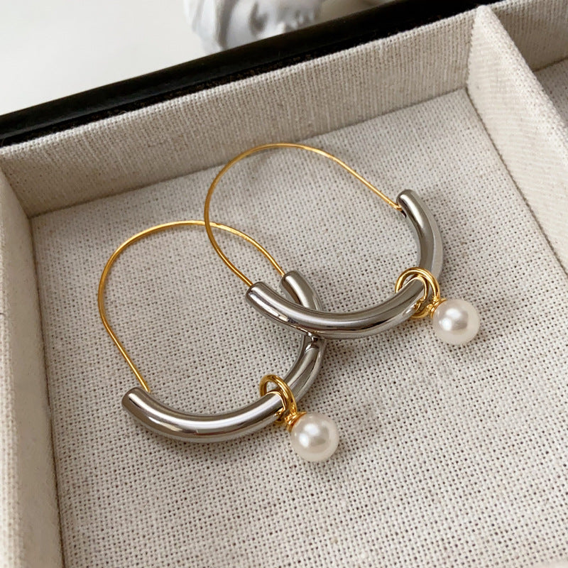 Minimalist Gold-Plated Platinum-Plated Half-Open Hoop Faux Pearl Earrings