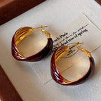 Vintage Luxury Gold-Plated Enamel Wine-Red Twisted C-Shaped Earrings