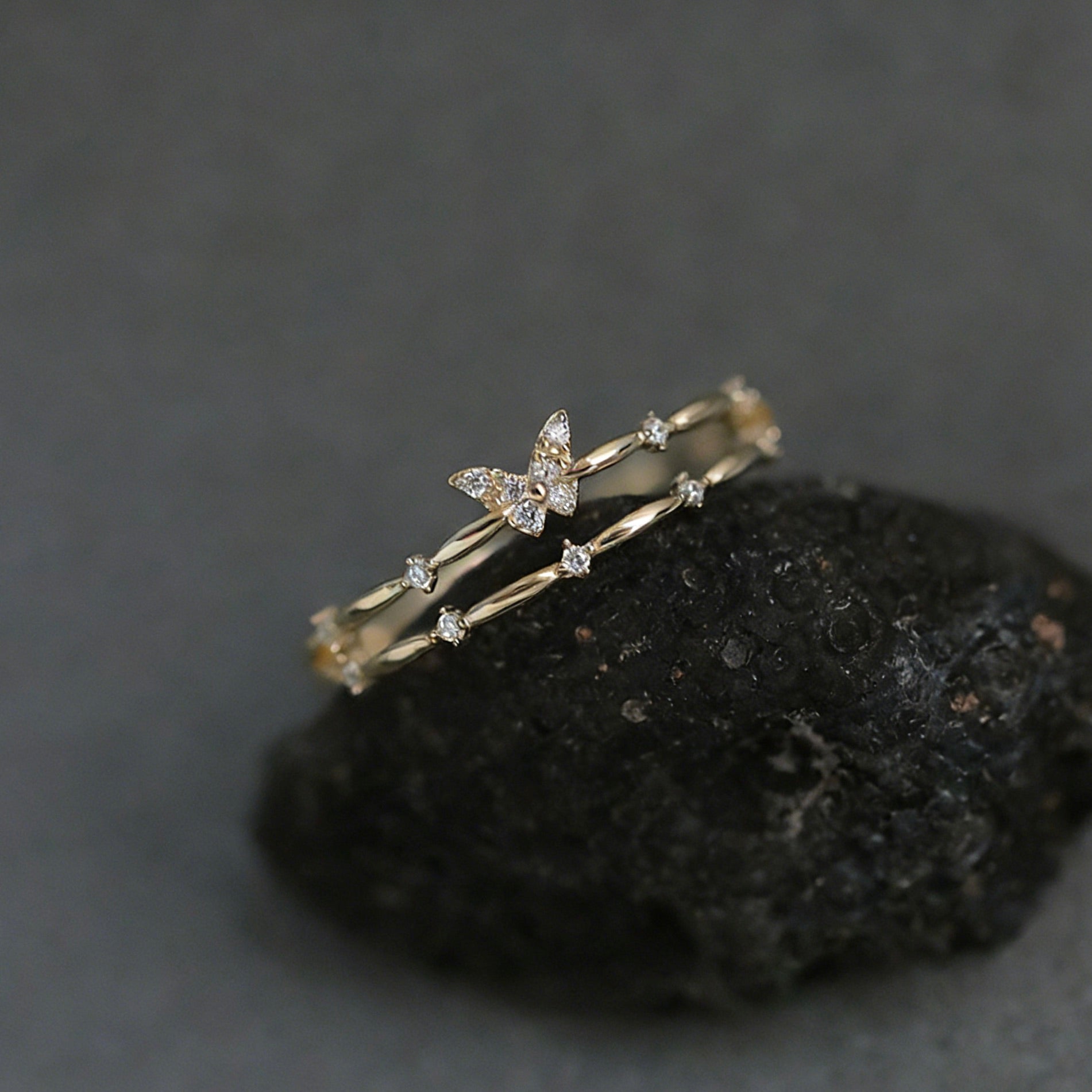 Light Luxury Gold-Plated Double-Layer Butterfly Multi-Zircon Ring