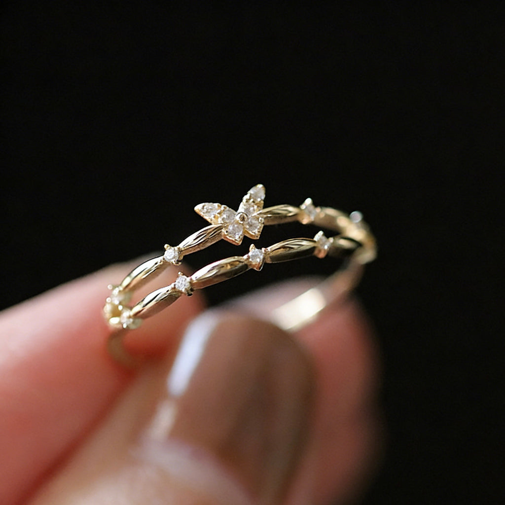 Light Luxury Gold-Plated Double-Layer Butterfly Multi-Zircon Ring