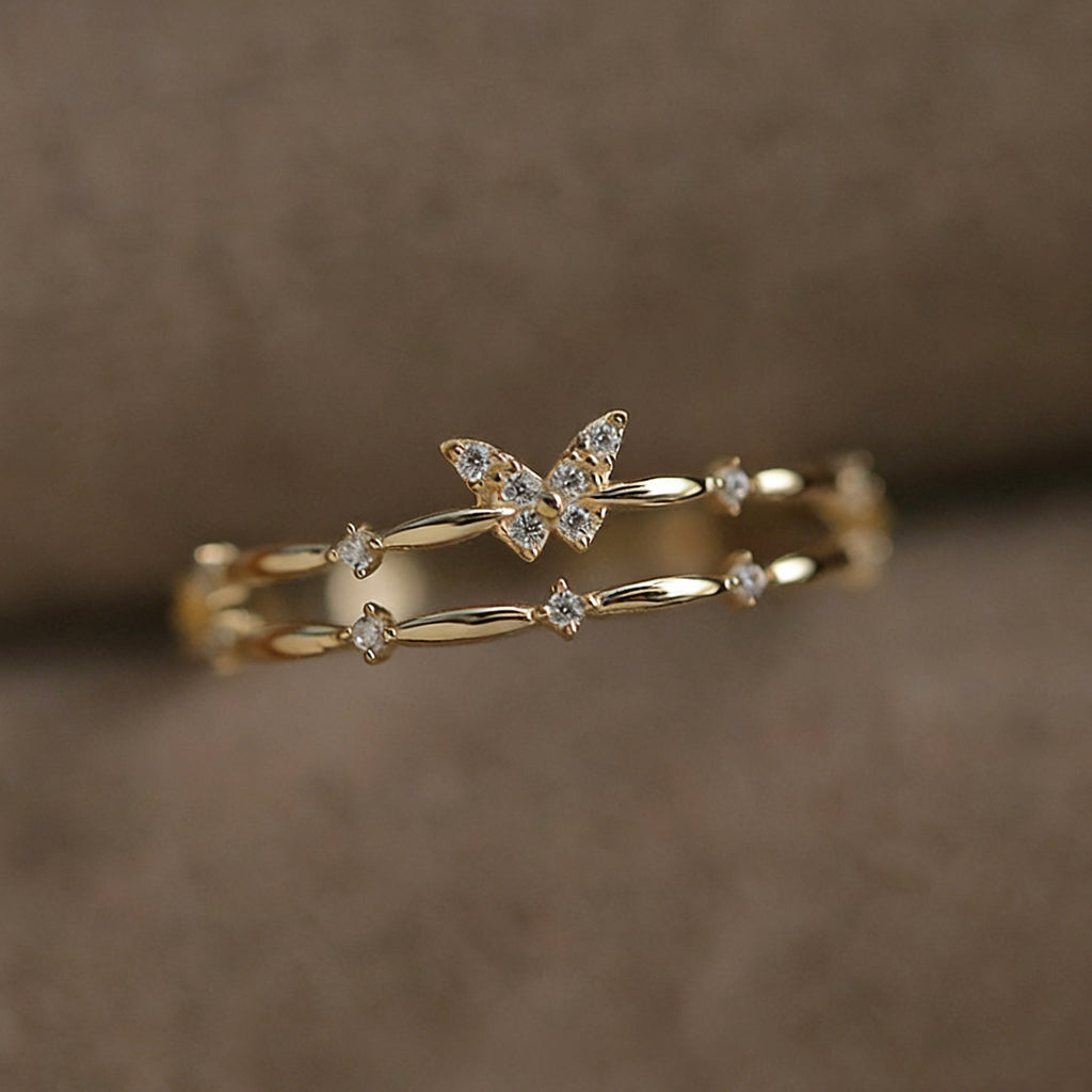 Light Luxury Gold-Plated Double-Layer Butterfly Multi-Zircon Ring