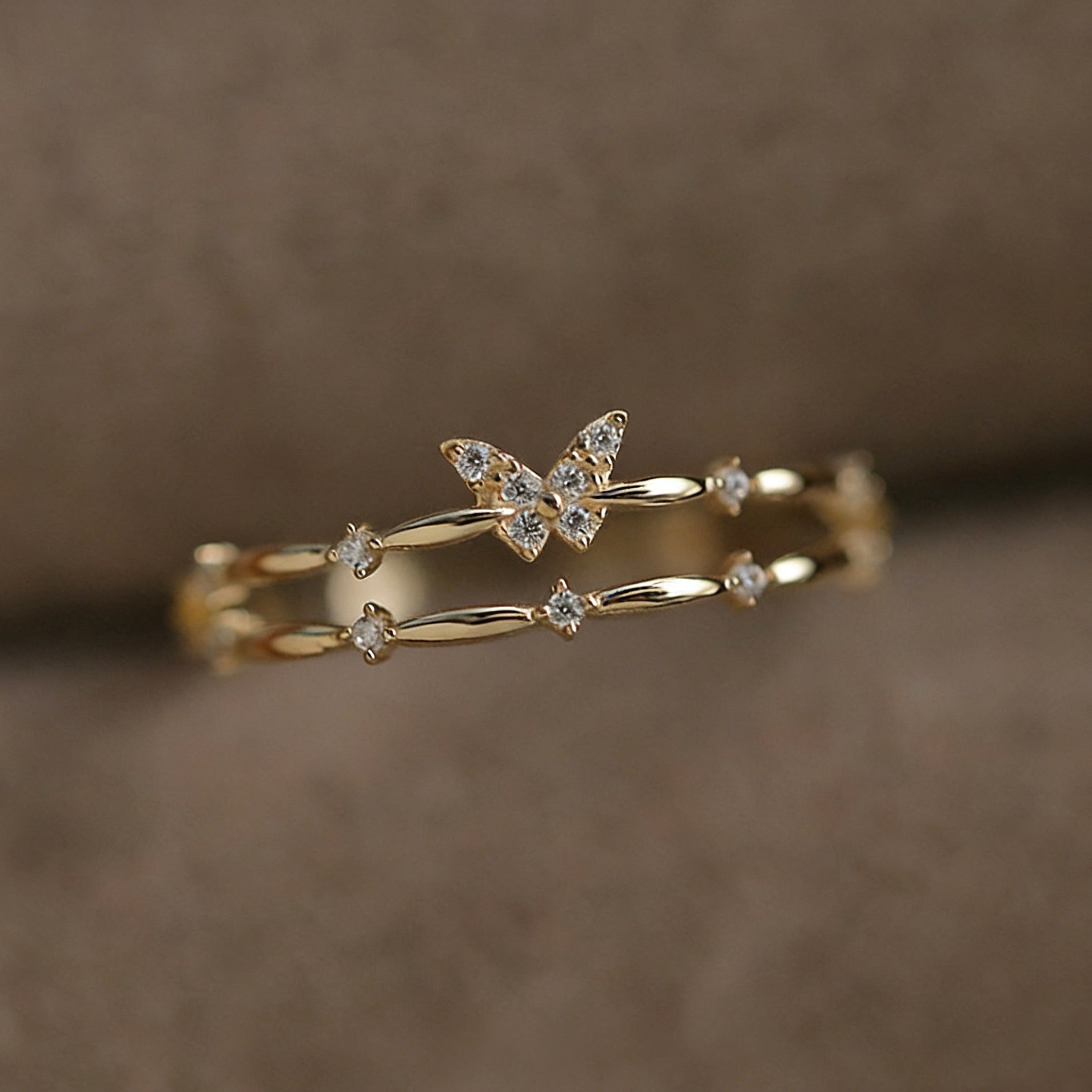 Light Luxury Gold-Plated Double-Layer Butterfly Multi-Zircon Ring