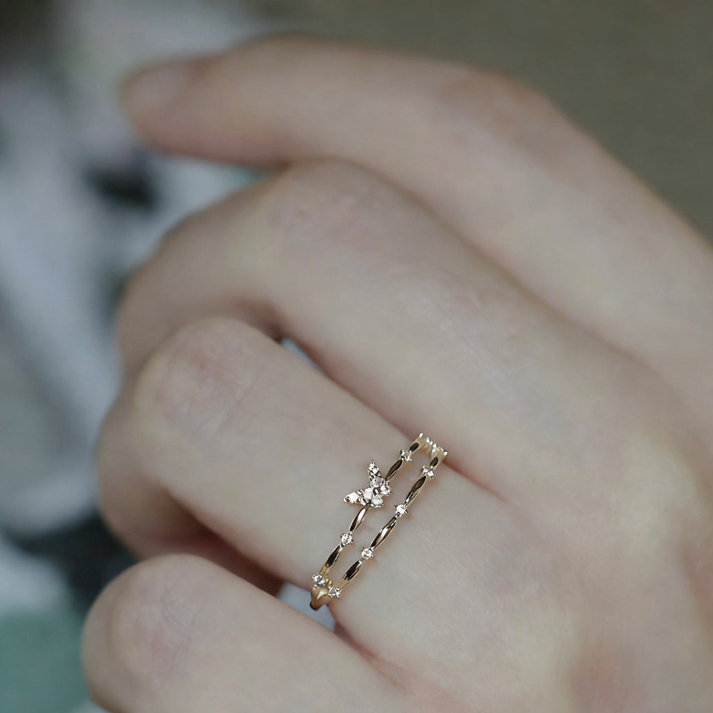 Light Luxury Gold-Plated Double-Layer Butterfly Multi-Zircon Ring
