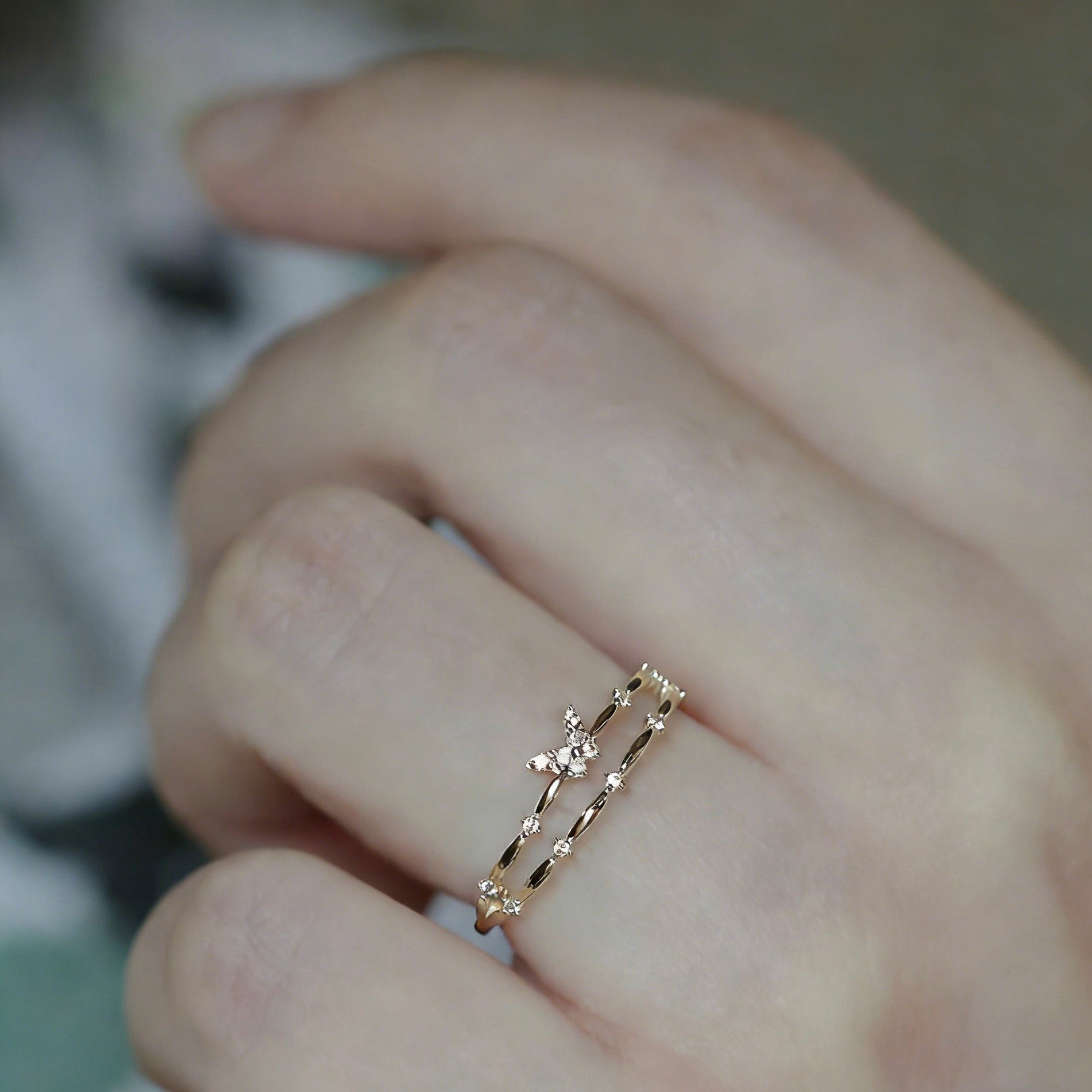 Light Luxury Gold-Plated Double-Layer Butterfly Multi-Zircon Ring