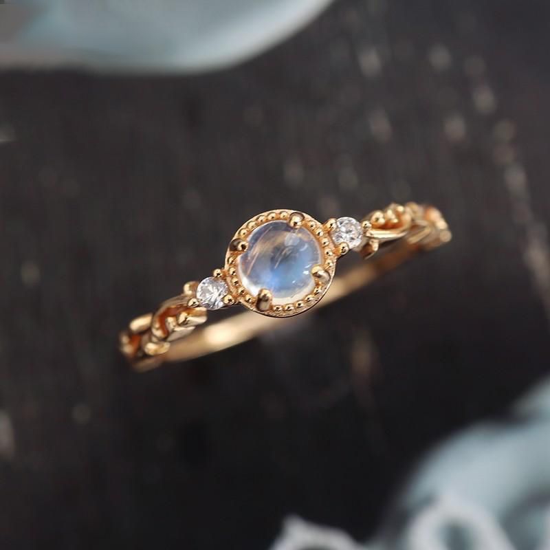 Vintage Luxury Gold-Plated Hollow-Carved Zircon Blue Moonstone Ring