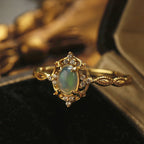 Vintage-Luxury Gold-Plated Hollow-Textured Multi-Zircon Oval Natural Opal Ring