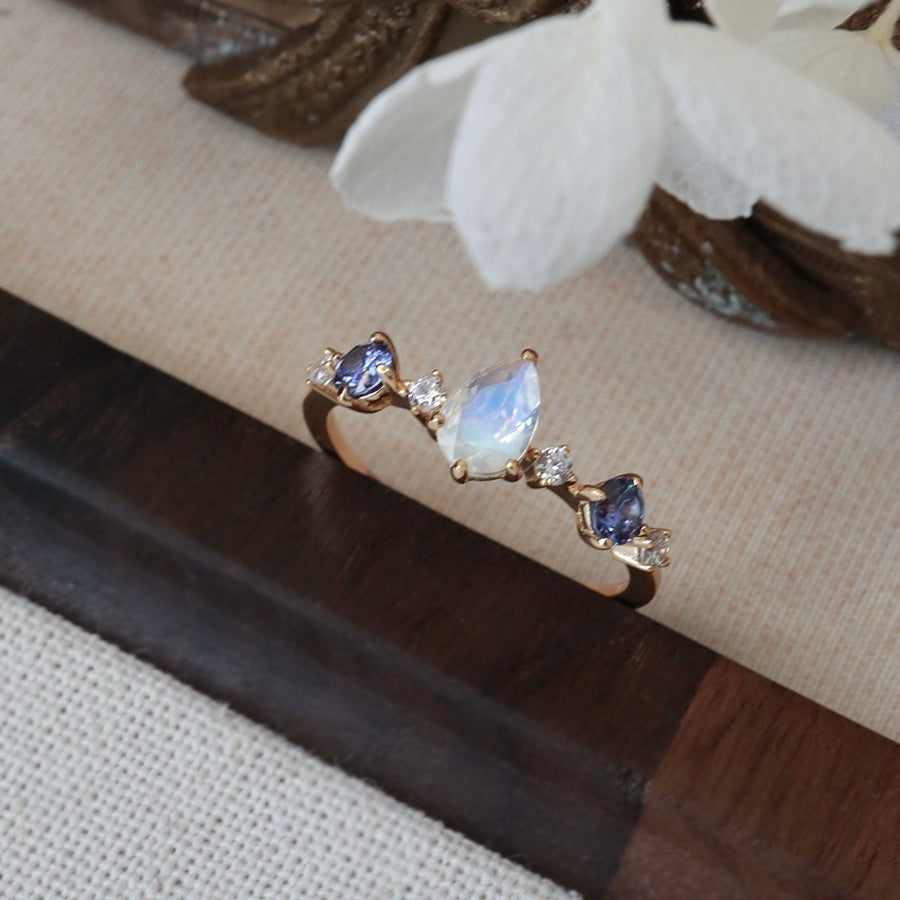 Gold-Plated Slim-Band Tanzanite Multi-Zircon Drop-Shaped Natural Moonstone Ring