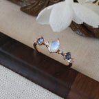Gold-Plated Slim-Band Tanzanite Multi-Zircon Drop-Shaped Natural Moonstone Ring