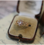 Vintage-Luxury Gold-Plated Hollow-Patterned Multi-Round Zircon Oval Moonstone Ring