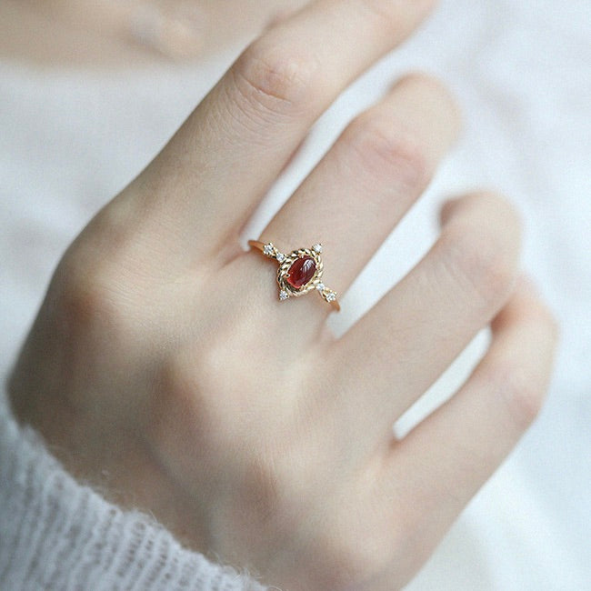 Vintage Gold-Plated Cross-Shaped Multi-Zircon Oval Garnet Ring