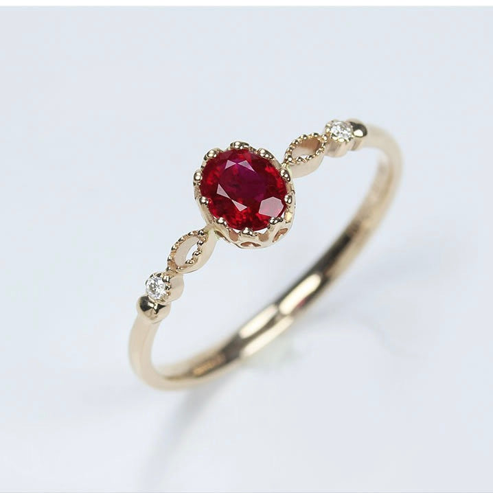 Luxury Retro 14K Gold-Plated Hollow Oval Pigeon-Blood Ruby Ring