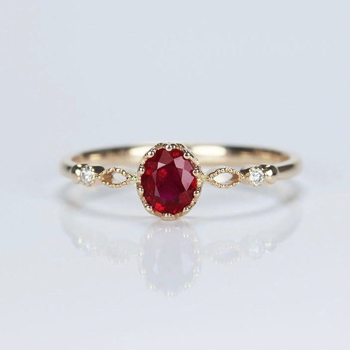 Luxury Retro 14K Gold-Plated Hollow Oval Pigeon-Blood Ruby Ring
