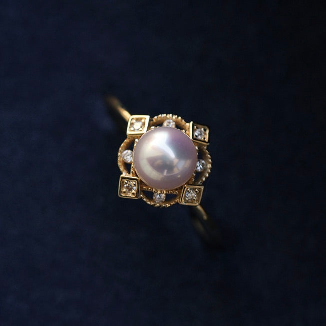 Vintage 18K Gold-Plated Square Multi-Zircon Natural Pearl Ring