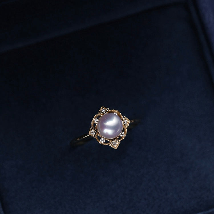 Vintage 18K Gold-Plated Square Multi-Zircon Natural Pearl Ring