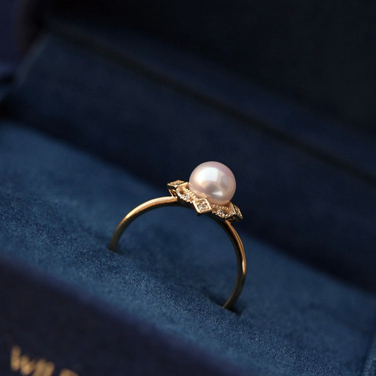 Vintage 18K Gold-Plated Square Multi-Zircon Natural Pearl Ring