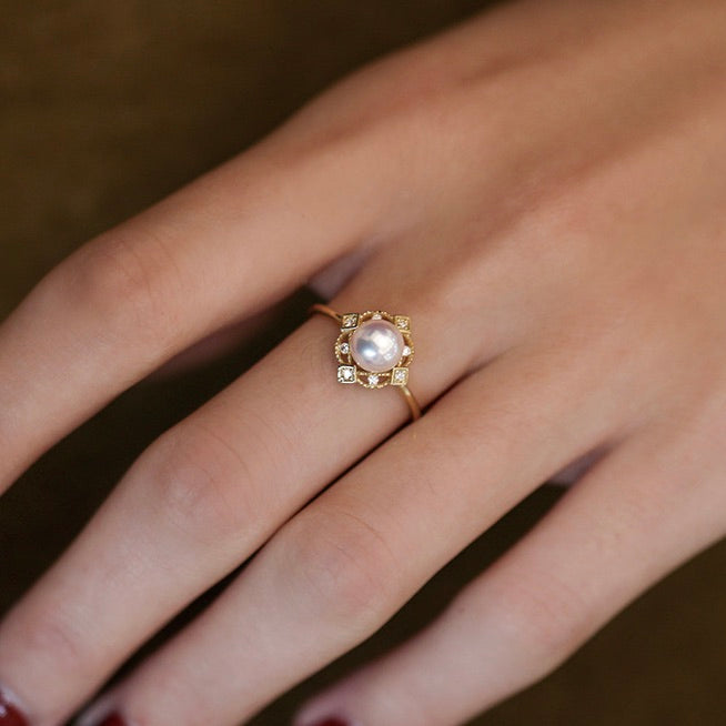 Vintage 18K Gold-Plated Square Multi-Zircon Natural Pearl Ring