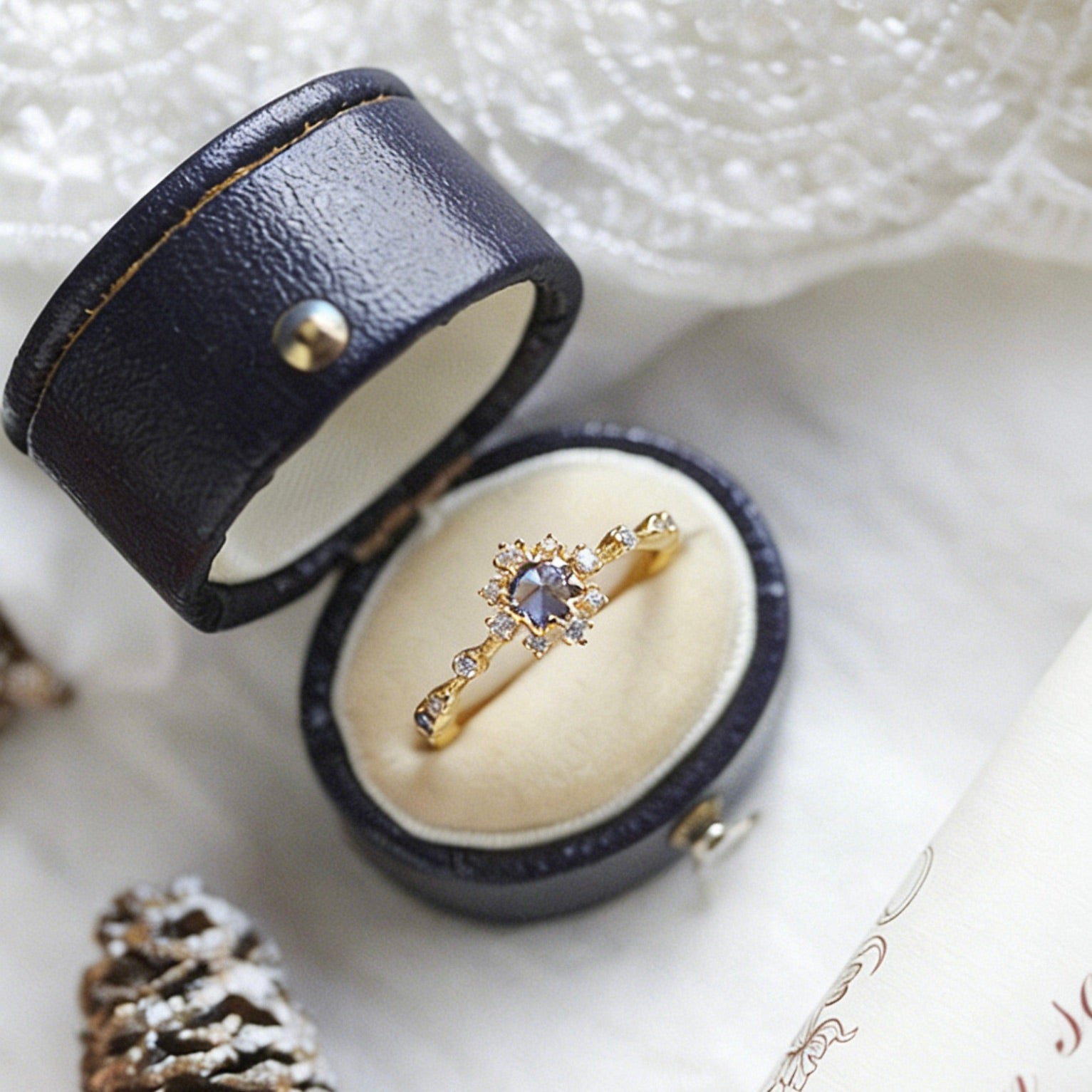 Light-Luxury Gold-Plated Slender-Band Multi-Clear Zircon Gray-Blue Zircon Ring