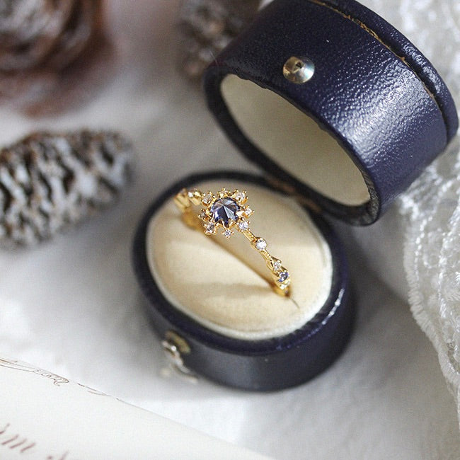 Light-Luxury Gold-Plated Slender-Band Multi-Clear Zircon Gray-Blue Zircon Ring