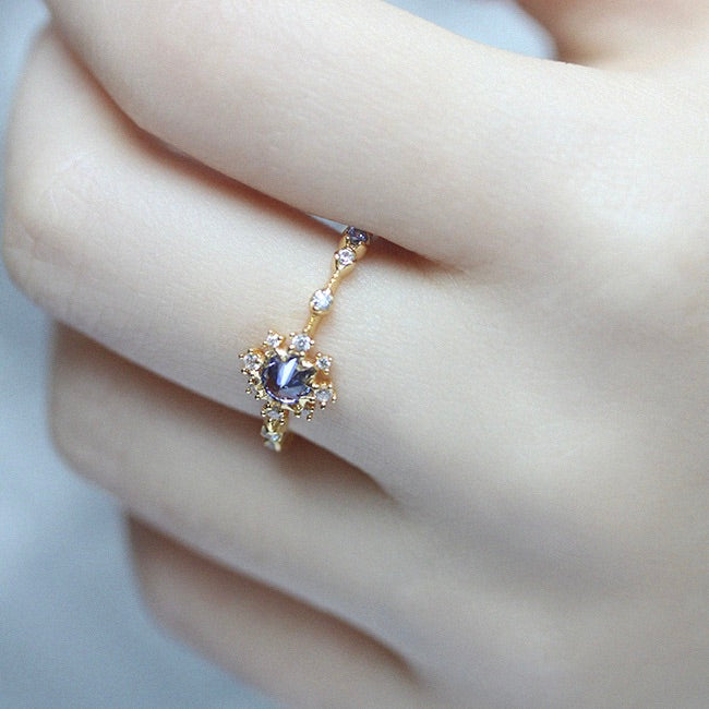 Light-Luxury Gold-Plated Slender-Band Multi-Clear Zircon Gray-Blue Zircon Ring