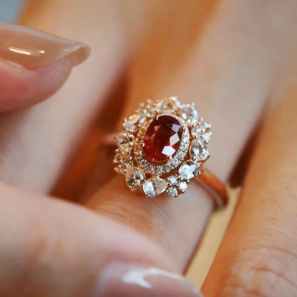 Light-Luxury Rose-Gold-Plated Oval-Shaped Multi-High-Carbon-Diamond Red-Gemstone Ring