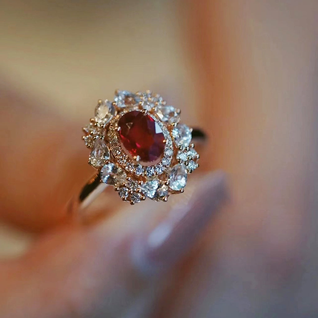 Light-Luxury Rose-Gold-Plated Oval-Shaped Multi-High-Carbon-Diamond Red-Gemstone Ring