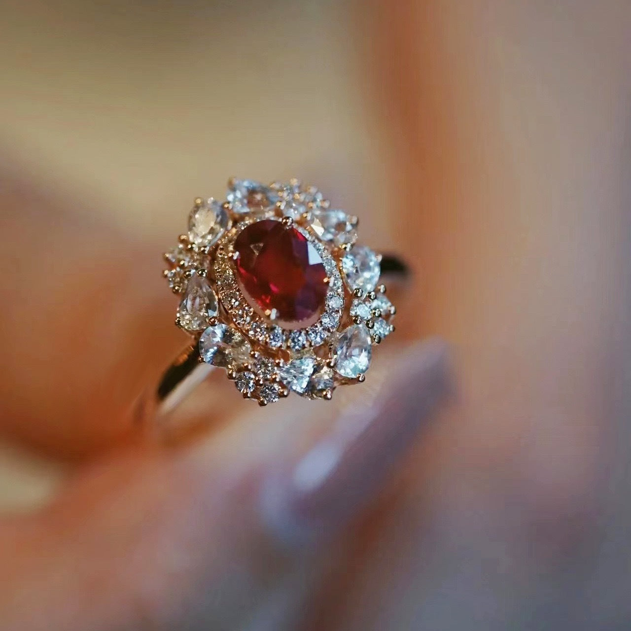 Light-Luxury Rose-Gold-Plated Oval-Shaped Multi-High-Carbon-Diamond Red-Gemstone Ring