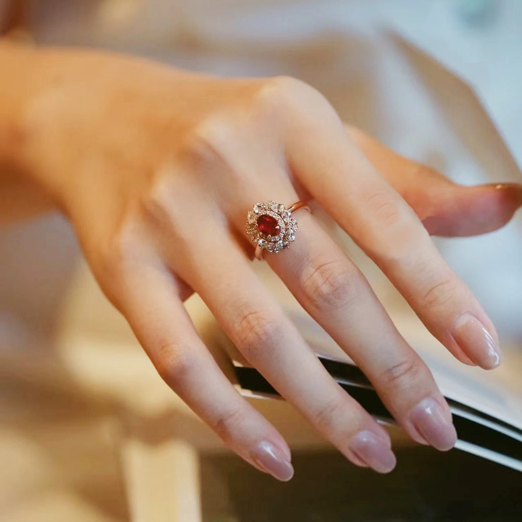 Light-Luxury Rose-Gold-Plated Oval-Shaped Multi-High-Carbon-Diamond Red-Gemstone Ring