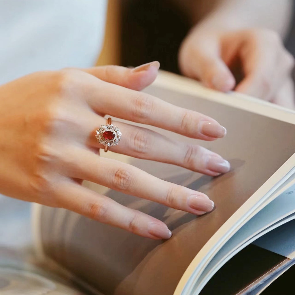 Light-Luxury Rose-Gold-Plated Oval-Shaped Multi-High-Carbon-Diamond Red-Gemstone Ring