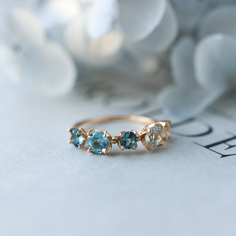 Light Luxury Gold-Plated Slim-Band Gradient Multi-Topaz Zircon Ring