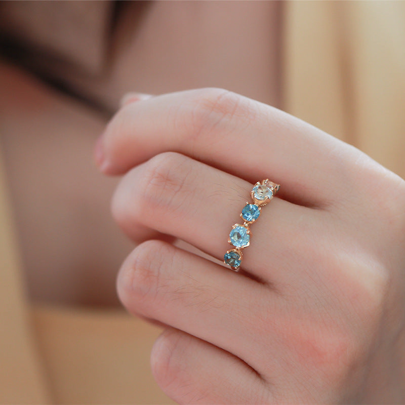 Light Luxury Gold-Plated Slim-Band Gradient Multi-Topaz Zircon Ring