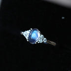 Silver-Plated Slim-Band Multi-Zircon Oval Natural Moonstone Ring