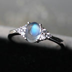 Silver-Plated Slim-Band Multi-Zircon Oval Natural Moonstone Ring