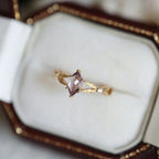 Vintage Luxury Gold-Plated Leaf-Textured Multi-Zircon Marquise-Shaped Amethyst Ring