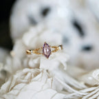Vintage Luxury Gold-Plated Leaf-Textured Multi-Zircon Marquise-Shaped Amethyst Ring