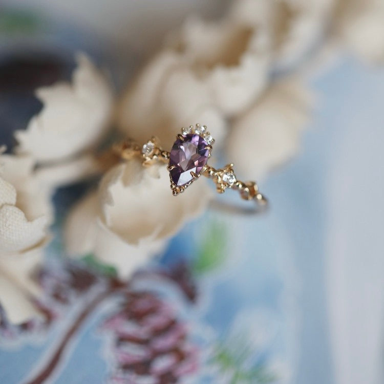 Light Luxury 14K Gold-Plated Drop-Shaped Multi-Zircon Natural Amethyst Ring