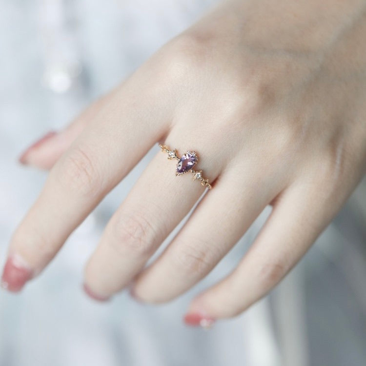 Light Luxury 14K Gold-Plated Drop-Shaped Multi-Zircon Natural Amethyst Ring