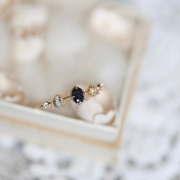 Light Luxury Gold-Plated Asymmetric Multi-Zircon Blue Sandstone Ring