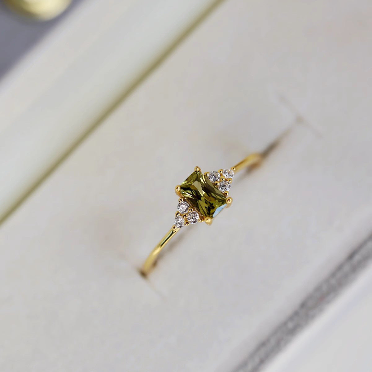 Gold-Plated Slim-Banded Square Olive-Green Colored Zircon Ring