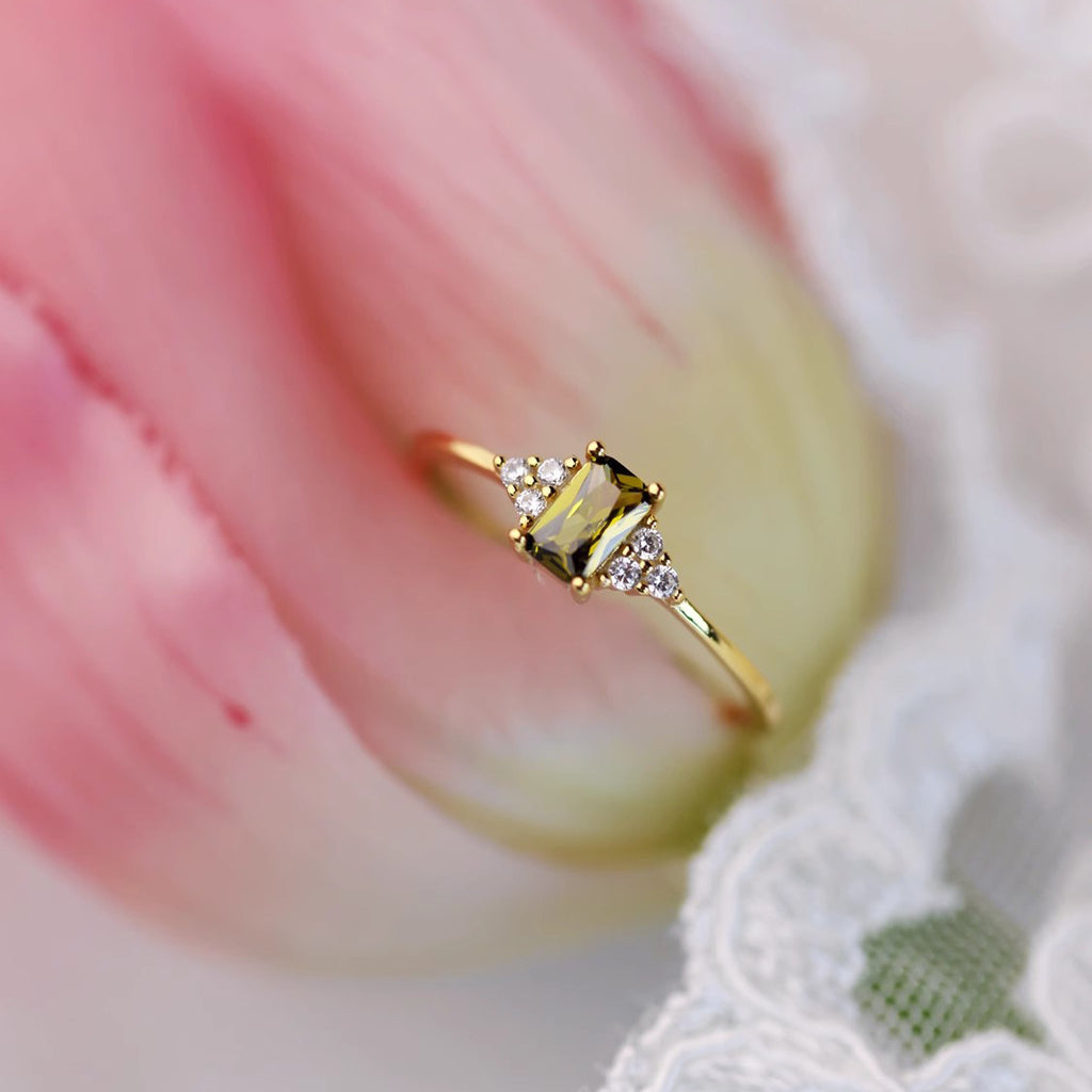 Gold-Plated Slim-Banded Square Olive-Green Colored Zircon Ring